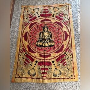 Handmade Red/Orange/Gold Cotton Wall Tapestry – Buddha on Lotus Bed, 80”x54”